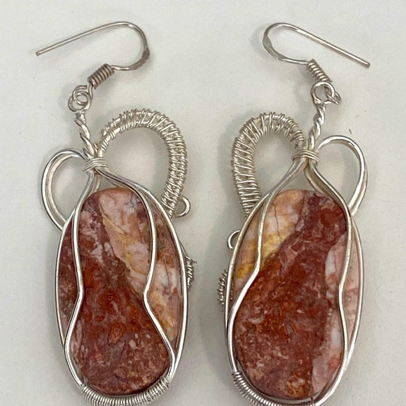 Handmade Brecciated Jasper Wire Wrapped Large Oval Earrings - Picture 3 of 5